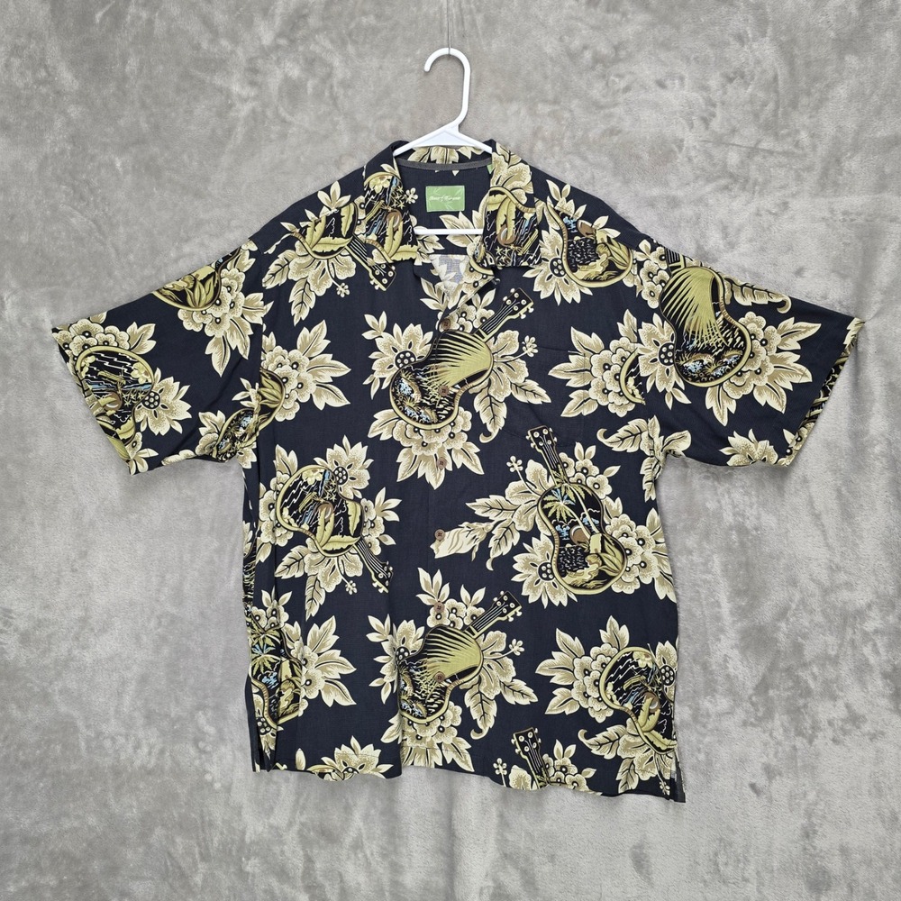Tommy Bahama Mens XL Silk Hawaiian Shirt Short Sleeve Guitar Floral Black Aloha